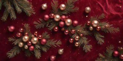 The primary subject of the image is a close-up of a Christmas tree with ornaments. The tree is adorned with various ornaments, including gold and pink balls. The setting is a red background, which adds to the festive atmosphere. The visual style is a close-up, which emphasizes the details of the ornaments and the tree. The colors and mood of the image are predominantly warm and celebratory, with the gold and pink ornaments adding a touch of elegance and festivity.